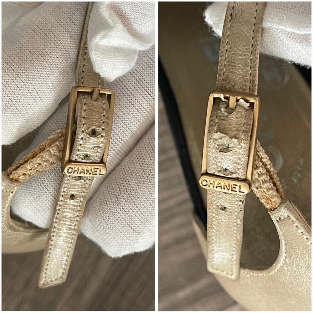 ❌SOLD❌Vintage Chanel Black/Beige Chain-link T-Strap Sandals Size EU 37 - Picture 12 of 16